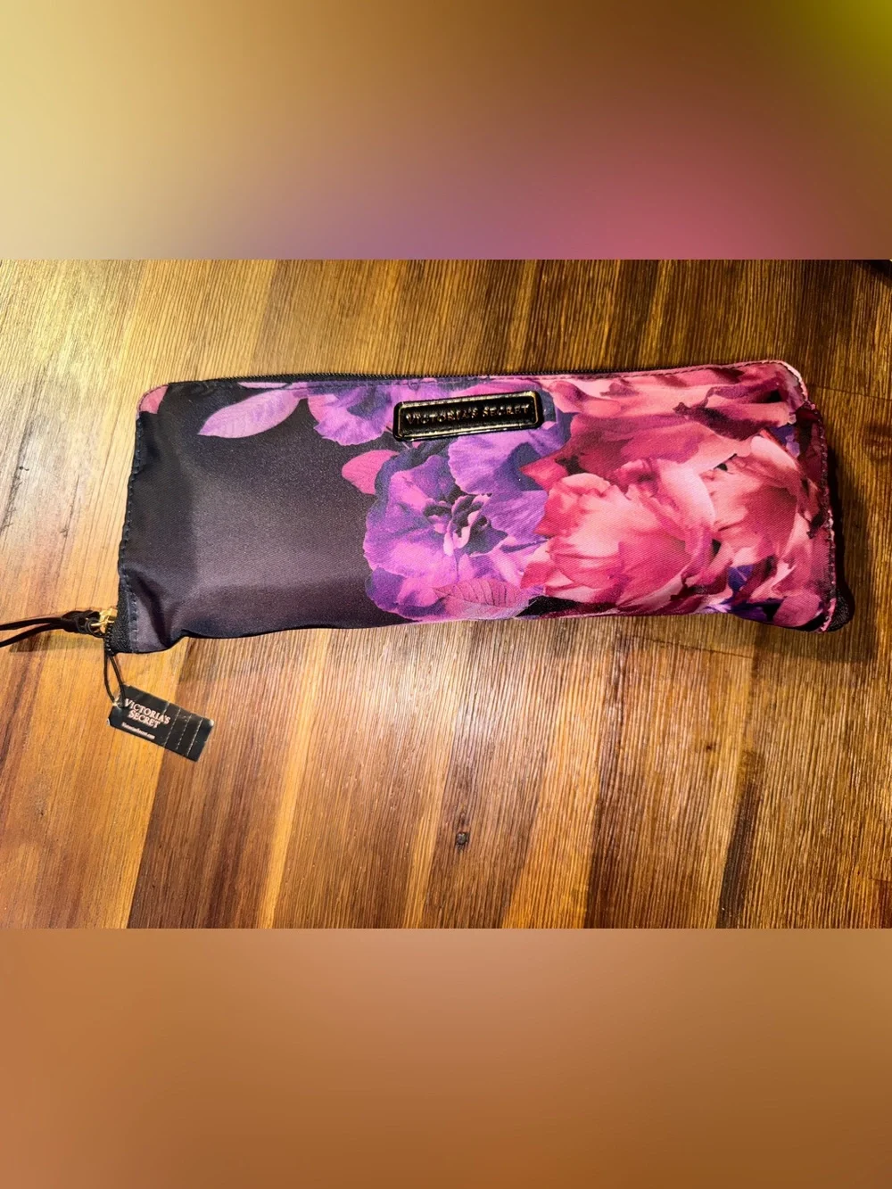 NWT Victoria's Secret Black Pink Purple Floral Packable Travel Tote Bag & Pouch